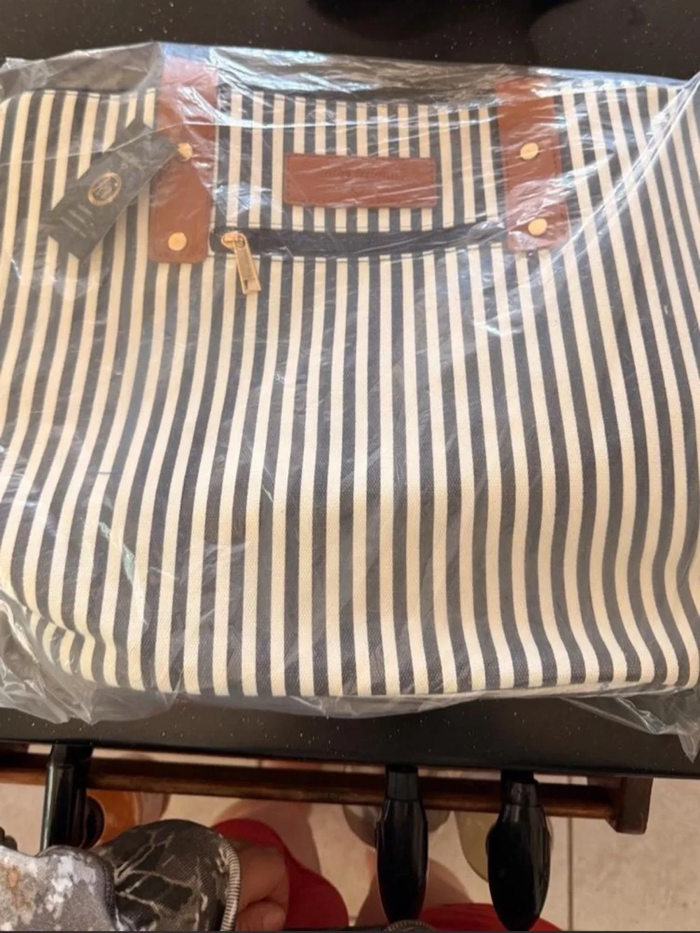 kathy ireland Navy & White Striped Tote with Brown Handles